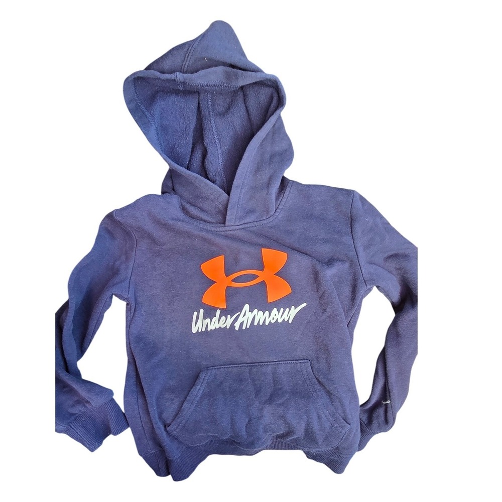 Under Armour Boys Navy Blue Orange Logo Fleece Hoodie Sweatshirt Size 5